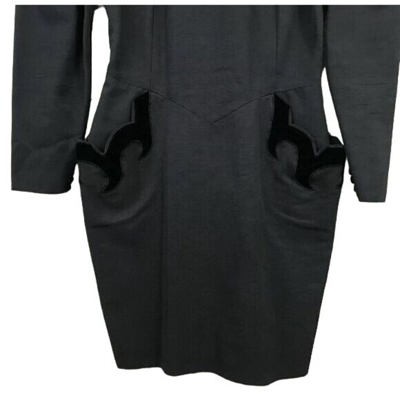 Isabel Allard Size 12 1980s Velvet Trim Puff Sleeve Tulip Dress Semi Sheer - Picture 6 of 8